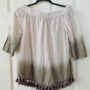 Hannah Off the Shoulder Striped Boho Tassel Top Womens Large